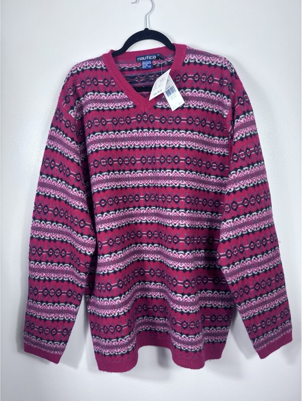 Nautica Men's Wool Geometric Knit V-Neck Pullover Sweater XXL Vintage Style - Picture 2 of 8